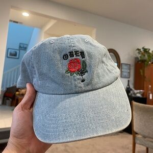 OBEY hat. Light wash denim with rose embroidery